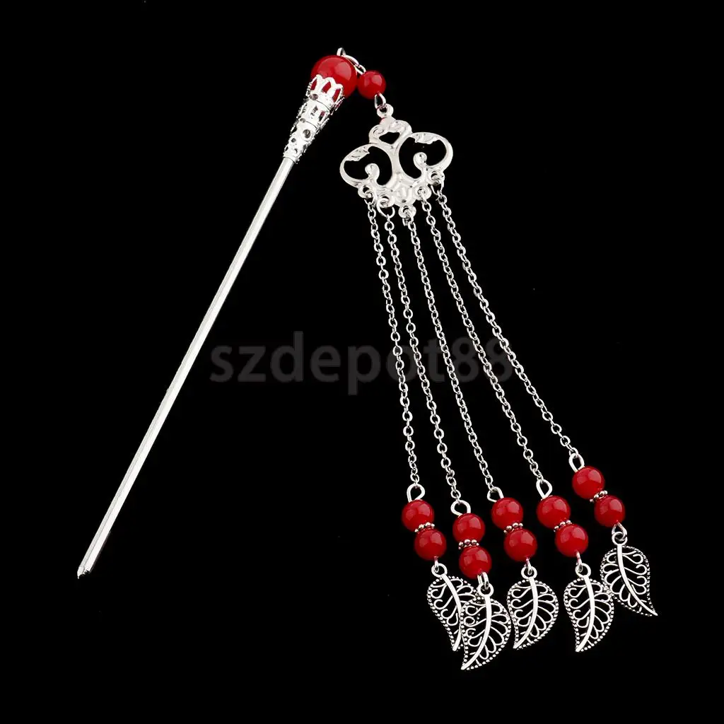 Solid Metal Tasel with Beads Stick Pin Hanfu Dress Ancient Chinese Cosplay Drama Girls Cute Hair Pin