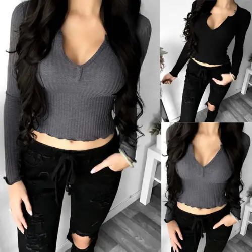 

Women Casual Comfortable Long Sleeve V-Neck Solid Short T-shirt Top Size S-XL