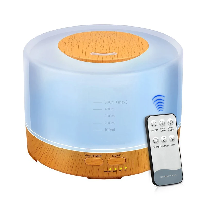 

500ML Remote Control Aroma Essential Oil Diffuser With Wood Grain 7 Changing Color LED Lights For Home Aromatherapy Diffuser