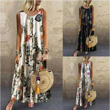 Women Plus Size Bohemian O-Neck Floral Print Vintage Sleeveless Long Maxi Dress trendy scoop neck sleeveless animal print plus size dress for women