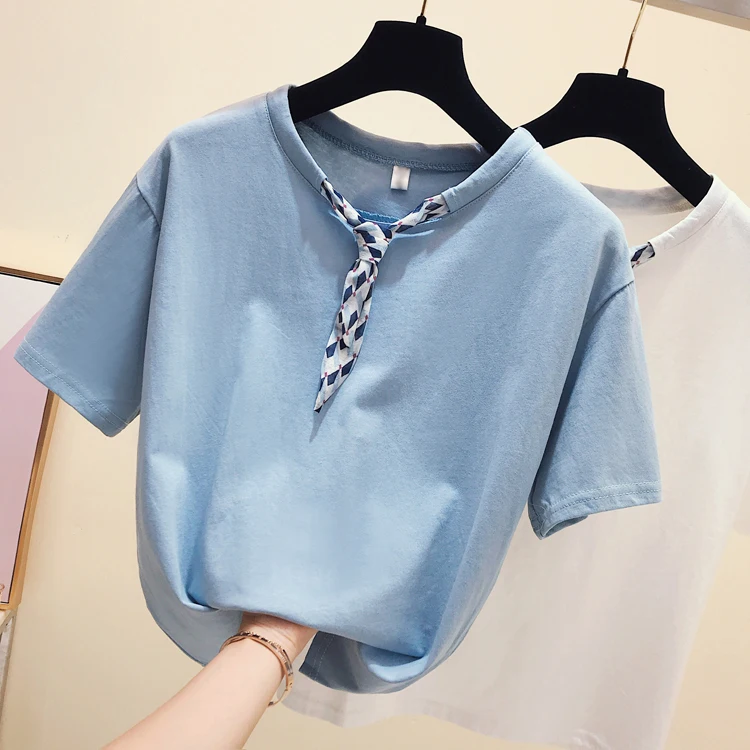 

2019 Summer Tshirts Women New Butterfly Knot Round Collar Cotton T-shirt Female Ladies Short Sleeve Loose Plus Size T Shirt Tops