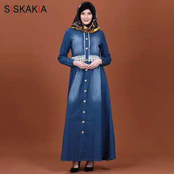

Siskakia Elegant Lace Embroidery Stitching Women Long Dress Single-Breasted Cardigan Muslim Denim Robes Full Sleeve Autumn 2019