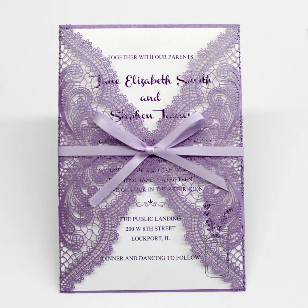  Laser Cut Wedding Invitations Purple Lace Invitation with Lavender Ribbon Unique Invitation Cards - - 4000032199302
