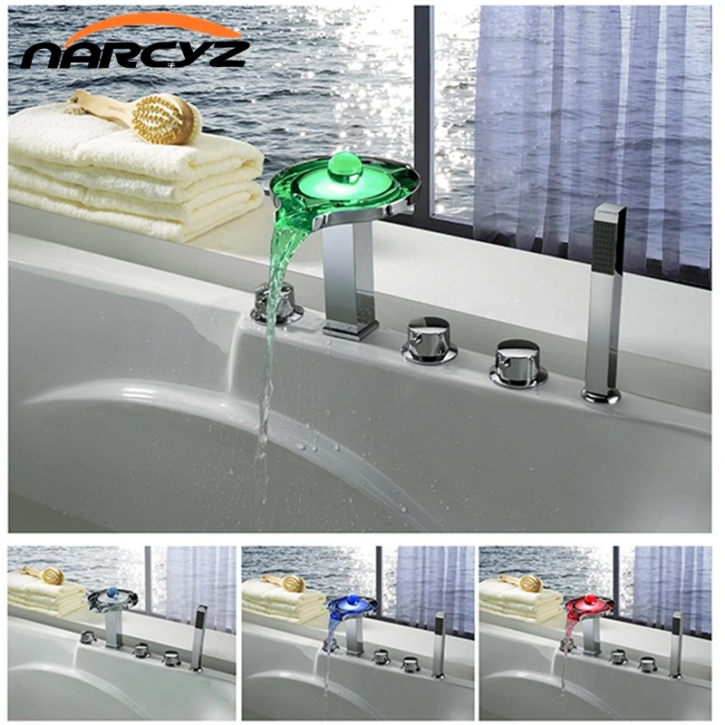 

New LED Light Waterfall Basin Sink Faucet Deck Mount Taps Chrome Color Square Shape Hot and Cold Bathroom Faucet XT372