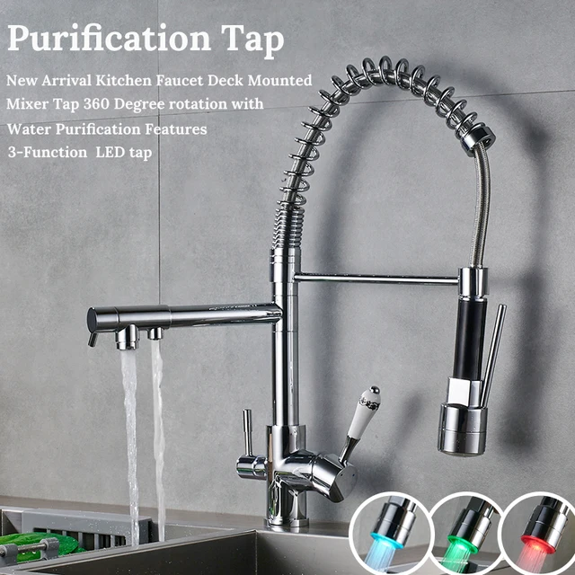 Best Quality Waterfilter taps Chrome kitchen faucets Three Spout Deck Mounted Mixer Tap 360 Degree rotation Water Purification Feature Crane