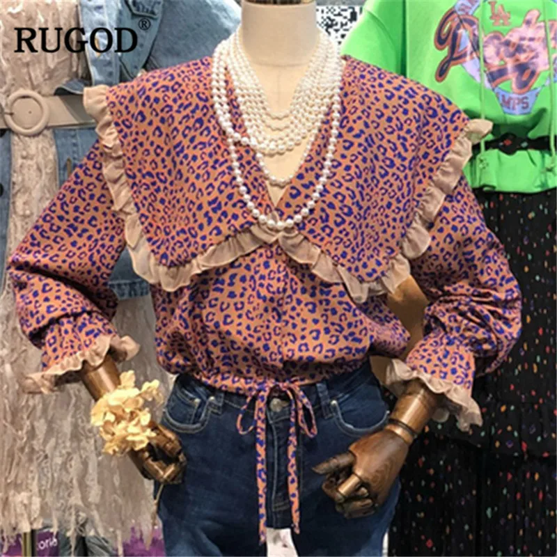 

RUGOD Korean flare sleeve Short women blouse fashion peter pan collar leopard printed office ladies shirts Womens Clothing Tops