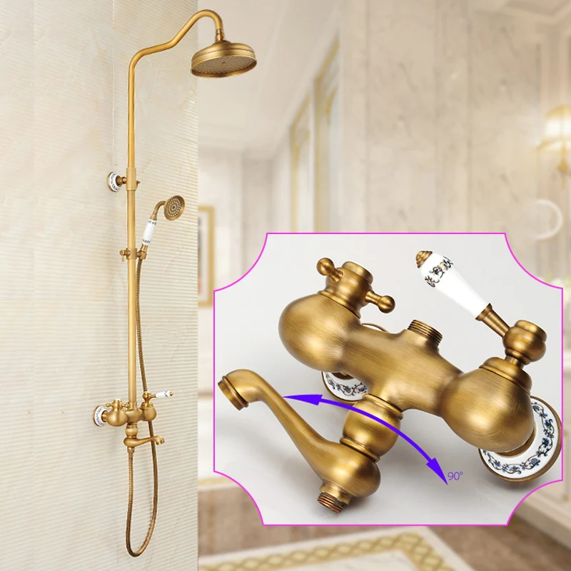 Antique Brass And Black Shower Faucet Set Wall Mounted Retro Style Rainfall with Handheld Shower