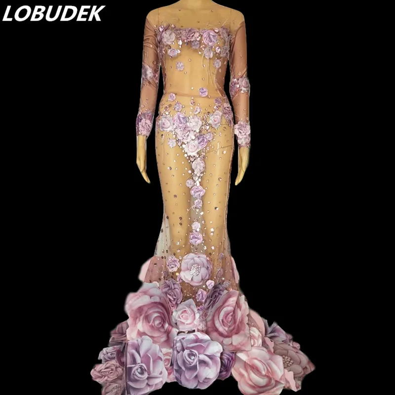 Сексуальное просвечивающее Сетчатое розово-Фиолетовое цветочное длинное платье с кристаллами для вечеринки, женское певец и ведущий костюм, сценическое подиумное платье