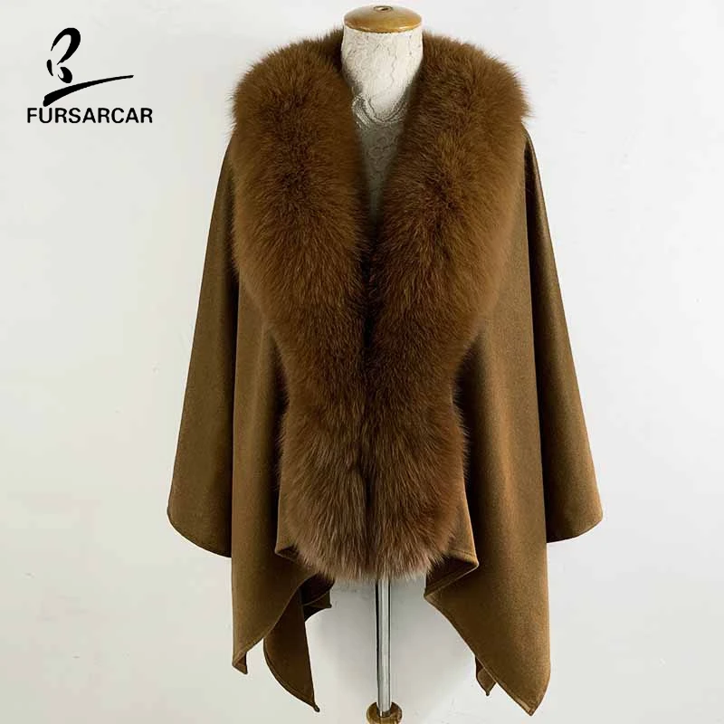 

FURSARCAR 2019 New Arrival Fashion Luxury Women Brown Woolen Shawl With Real Natural Fox Fur Collar Cape Genuine Fur Wrap Femme