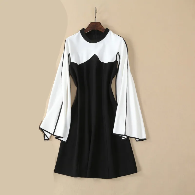 Élégante Pour Femmes cou O Manches Noir Manteau Patchwork Bureau Robes 2019 Sexy Longues Split Mini Designer De Robe Femelle Nouveau Partie Vêtements PHZwqgxv