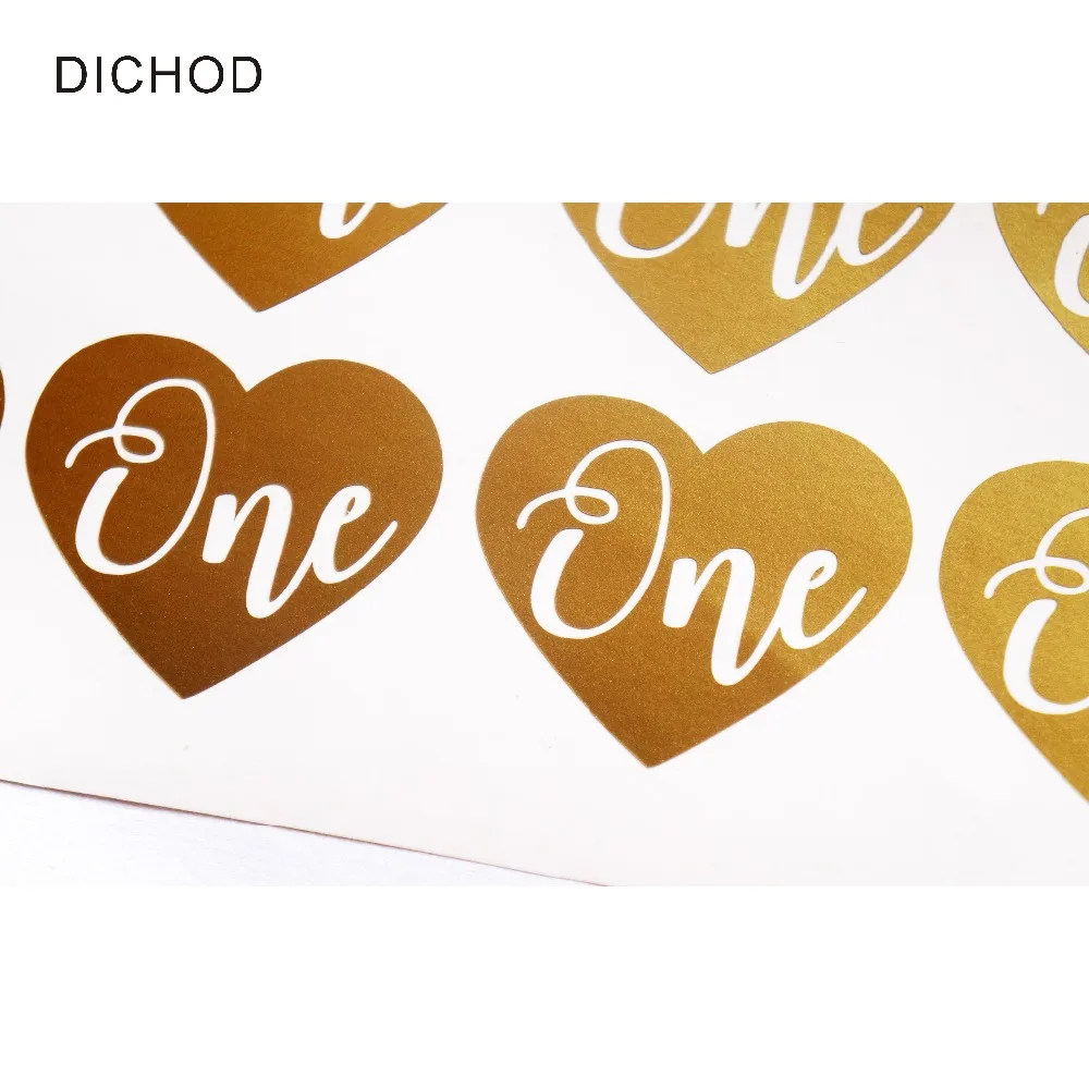 

16pcs One Stickers First Birthday Favor Heart Decal 1st Birtday Gold Invitation Seals One Seals Gold wall Stickers T180605