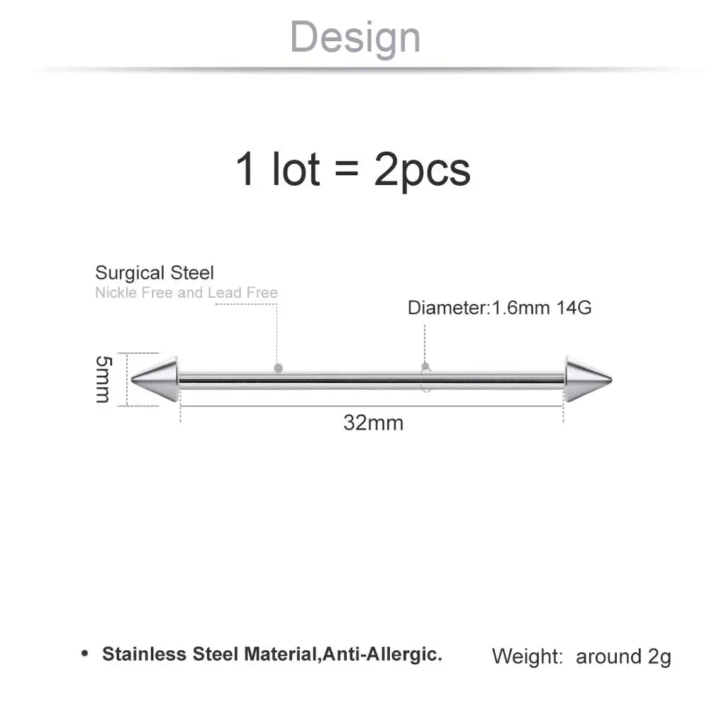 2 шт/лот стальной штанга фабричного производства Бар Ухо мужские женские серьги в стиле панк пирсинг шарик-шип голова хряща для пирсинга ушной раковины GY11 - Окраска металла: 14G 32mm Cone