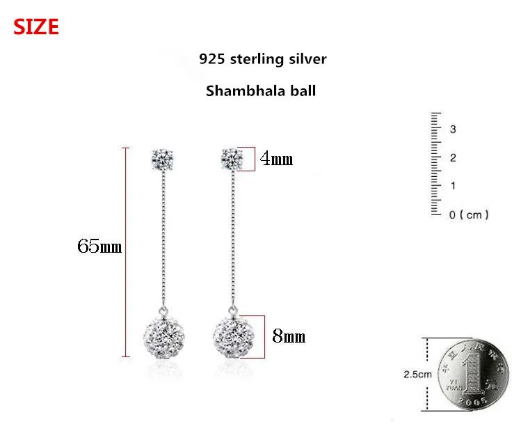 925 Стерлинговое Серебро Модный Блестящий кристалл шар шамбаллы ladies'tassels серьги гвоздики ювелирные изделия Женский антиаллергический подарок