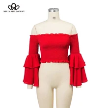 Bella Philosophy Весенняя женская футболка с длинным рукавом-бабочкой короткие сексуальные женские топы с оборками с вырезом лодочкой Женская Однотонная футболка