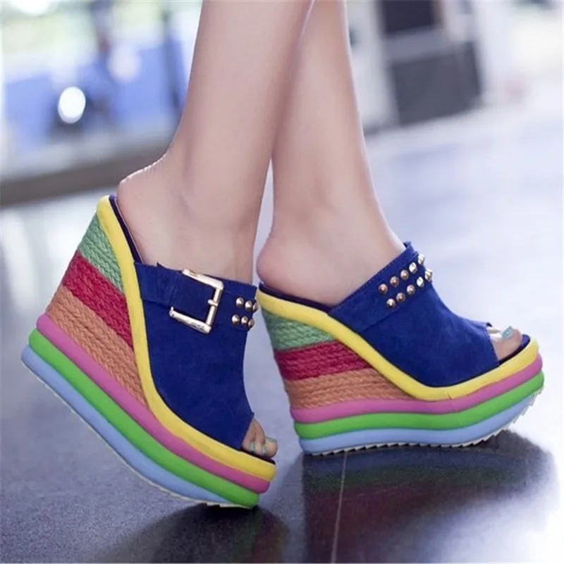 MVVJKE/Sandalias Plataforma/Летняя обувь; Женская обувь в богемном стиле; Радужная обувь на высоком каблуке без шнуровки; женские босоножки на танкетке с открытым носком - Цвет: Синий