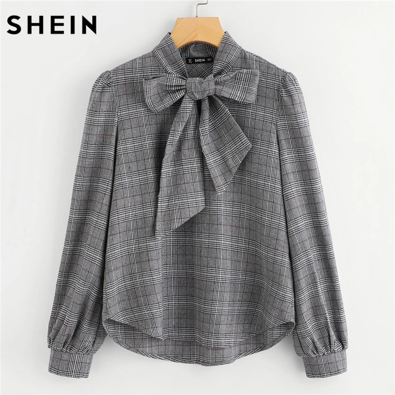 Online SHEIN elegante tops y blusas para mujer trabajo blusas de mujeres gris corbata de lazo cuello manga larga corte Regular cuadros blusa