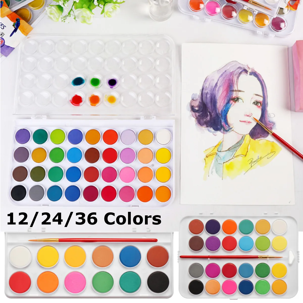 

12/24/36 Colors Portable Travel Solid Pigment Watercolor Paints Set With Water Color Brush Pen For Painting Art Supplies