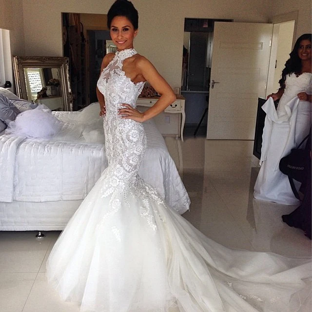Hot S New Chapel Train Sleeveless High Neck Lace Mermaid Wedding Hot S New Chapel Train Sleeveless High Neck Lace Mermaid Wedding Dresses 2017 Size 4 6