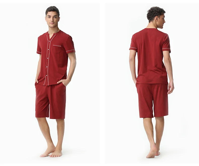 Летняя Роскошная домашняя одежда для мужчин, простые пижамные комплекты для мужчин, из модала, хлопок, короткий рукав, v-образный вырез, воротник, рубашка и шорты, Пижамный костюм - Цвет: Red Men