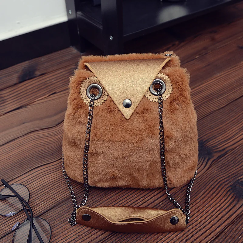 

2018 New Autumn Winter Cute Owl Furry Chain Bag Plush Fashion Ladies Single Shoulder Crossbody Bag Soft Casual Vintage Kawaii