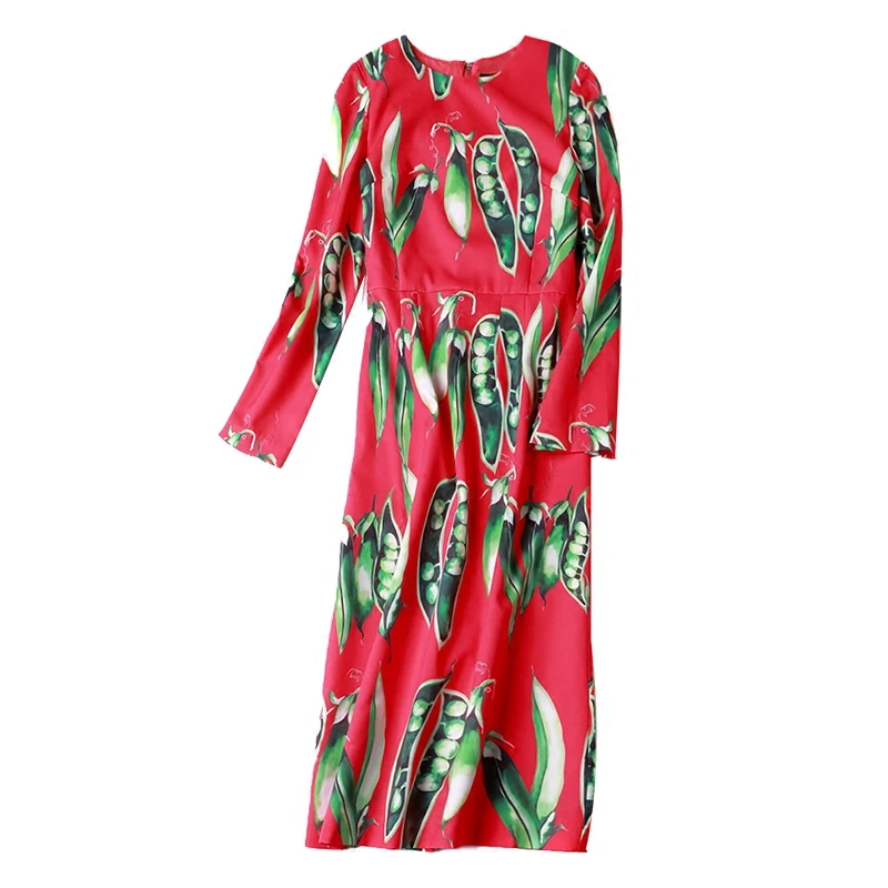 

Customized 2018 New Arrival Stunning Red Printed Long Sleeve Slim Dress Pea Pod Imitation Linen Knee-Length Dresses