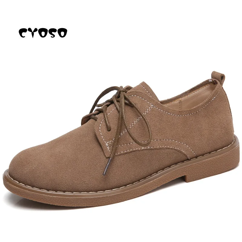 

CYOSO New Cow Suede Leather Women Flats Shoes Ladies Loafers Oxford Shoes Women Lace Up Non Slip Zapato Womens Flat Casual Shoes