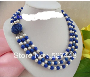 

Wholesale free shipping >>stunning 3rows 8mm round white freshwater pearls blue lapis lazuli necklace