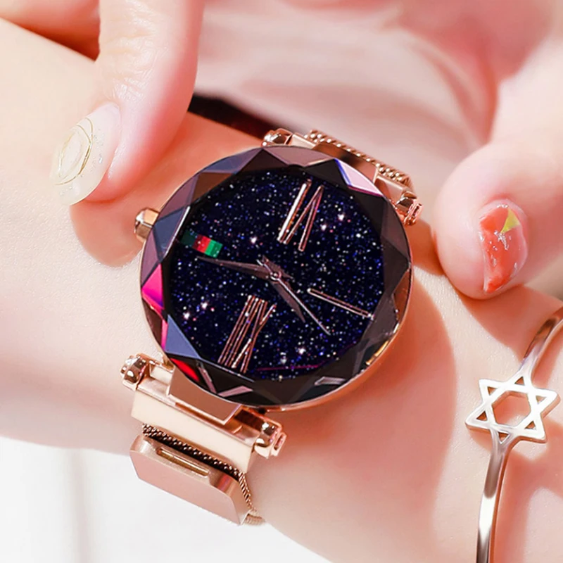 

Minimalism Starry sky Magnet Buckle Fashion Casual Female Wristwatch Waterproof Roman Numeral uxury Rose Gold Women Watches