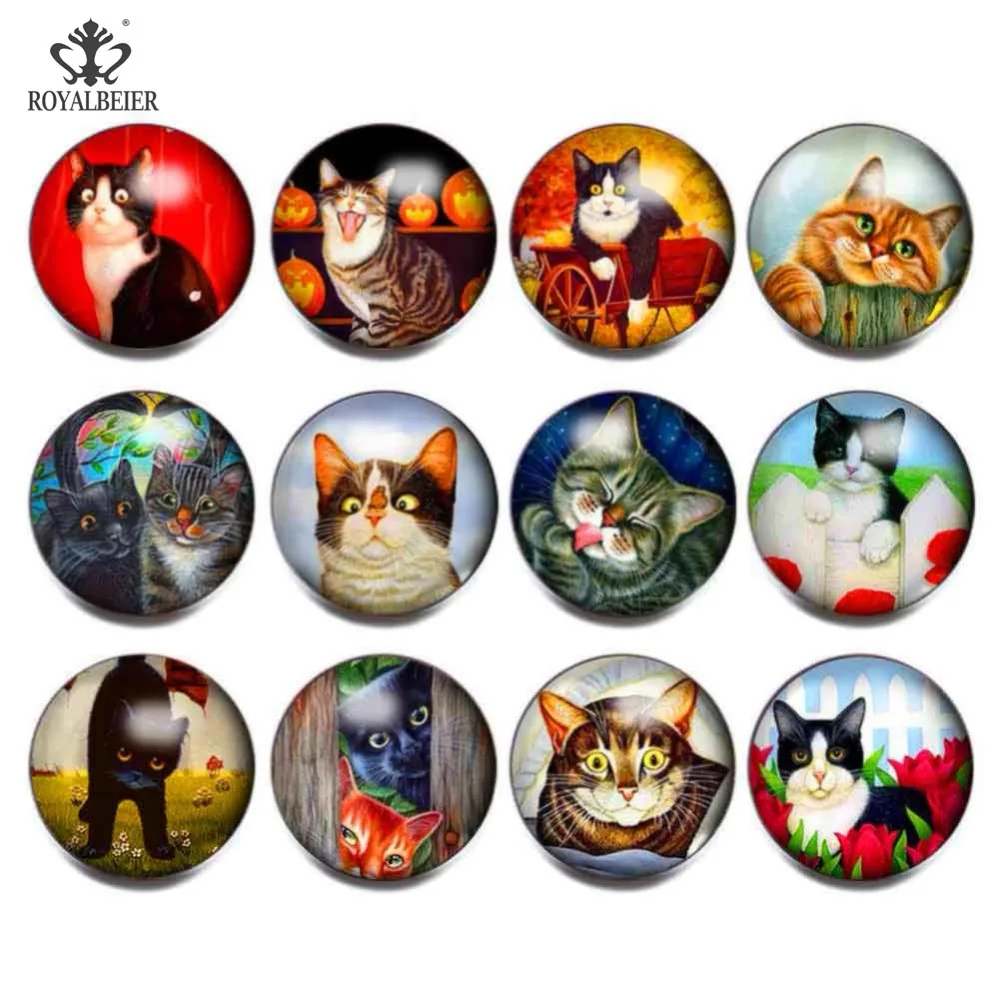 

Royalbeier 12pcs/lot Mix Cartoon Cat Pattern Glass Sead Beads 18mm Snap Button bijuterias Charm Bracelet Jewelry Women berloque