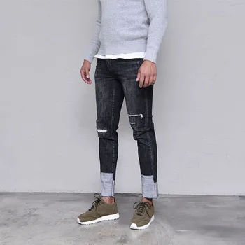 

2017 Envmenst Brand Designed Ripped Jeans for Men Fashion Patch Hem Skinny Denim Pants Men's Biker Jeans Ankle-length Pants