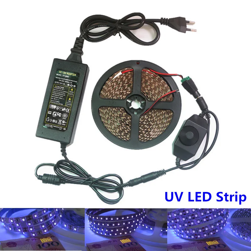 DC12V 3528 SMD УФ-ультрафиолетового фиолетовый 60leds белый PCB/m 120 светодиодов/м полосы лампа черный свет + Диммер дистанционного + 12 В Питание