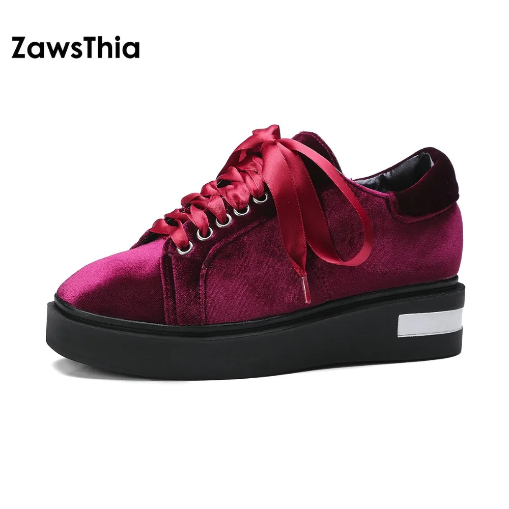 

ZawsThia velour velvet square toe lace up women shoes flat platform leisure casual shoes for woman sneakers chaussure homme