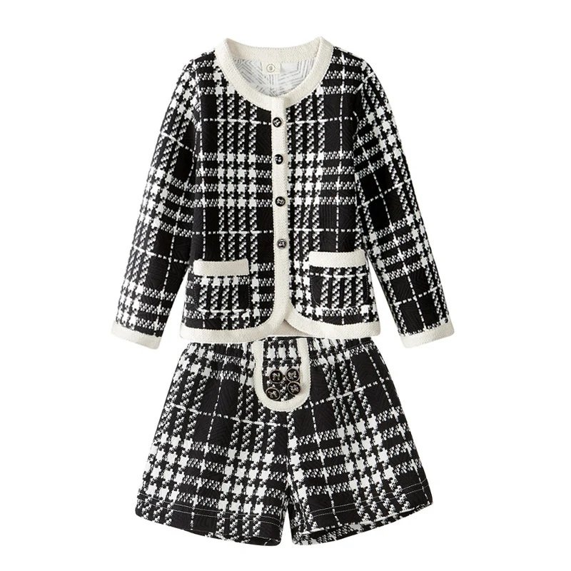 

Girls Clothes Sets Children Clothing Tops Pants Winter Outfits Coat Short Pants Plaid Pattern Kids Long Sleeve Blouse Suits