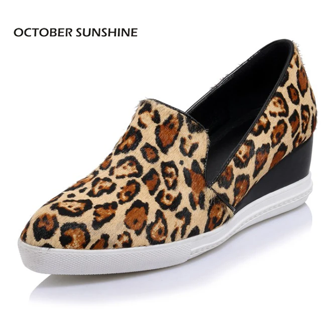 

OCTOBER SUNSHINE Leopard grain Pointed Toe Women's comfortable Casual shoes Rome style Summer 2017 ladies Wedges pumps