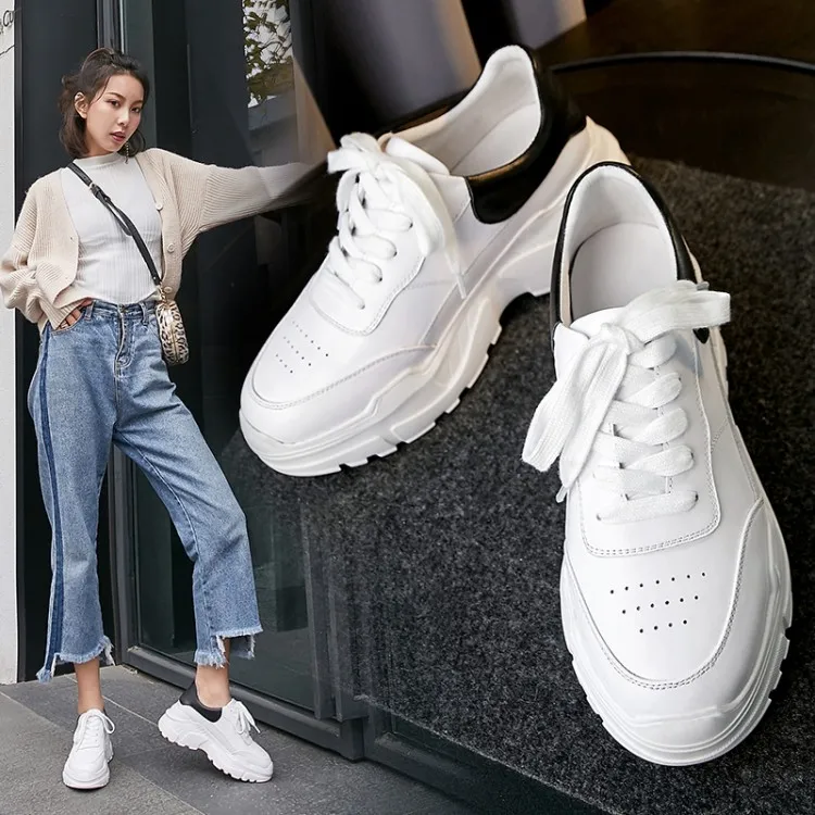 Белый женские Сникеры на платформе пояса из натуральной кожи Удобные повседневные вулканизированные обувь Женская корейская мода zapatos De