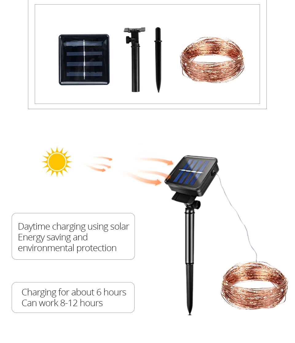 200 светодиодный s Солнечный светодиодный медный струнный свет 10/20 метров IP65 водонепроницаемый Рождественский Сказочный свет Новогодняя гирлянда наружная садовая лужайка