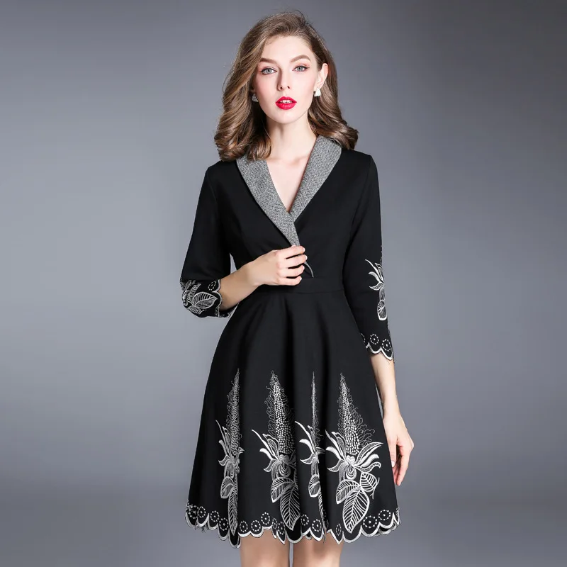 2019 Taille Robe Coton Printemps A Grande down Xxxl Vintage Robes Lux ligne Turn Nouvelle Broderie Femmes Collar Vêtements qEwg4XR