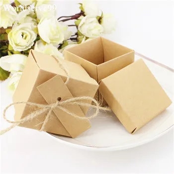 

Square Kraft Paper Wedding Candy Boxes Vintage Rustic Jute Ribbon Sweet Holder Cards Birthday Party Gift Favor Box