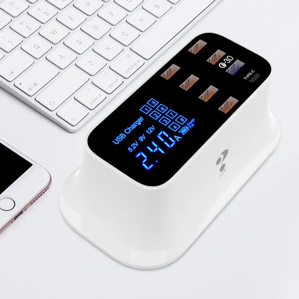 Smart USB Type C LED Display Desktop Mobile Phone USB Charger 150cm/59.1inch 5V 2.4A(Max) 100-240V 50-60Hz 8