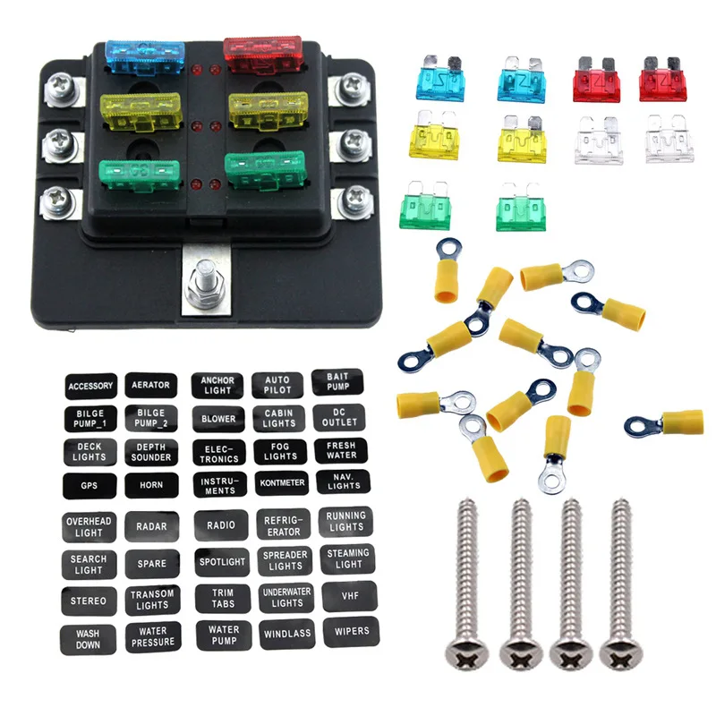 6 Circuit LED Fuse Block Fuse Box with screw terminal with accessories