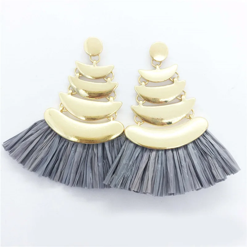 

ZWPON Layered Gold Moon Fan Fringe Raffia Earrings Mint Tassel Earrings Jewelry Wholesale