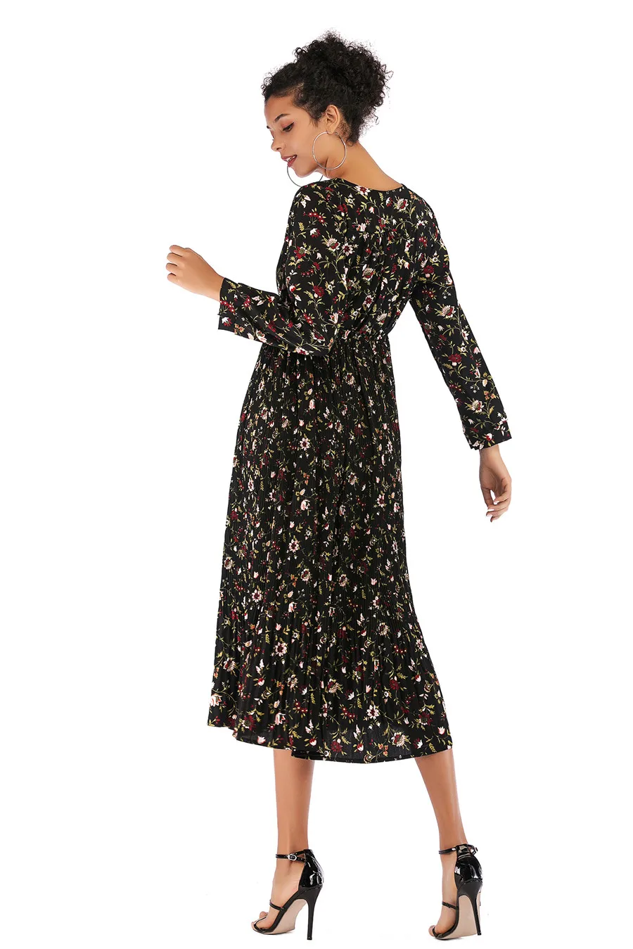 Gladiolus Hot 2018 Autumn Dress Women Long Sleeve V-Neck Sexy Floral Print Tunic Loose Midi Chiffon Dress Women Beach Sundress (24)