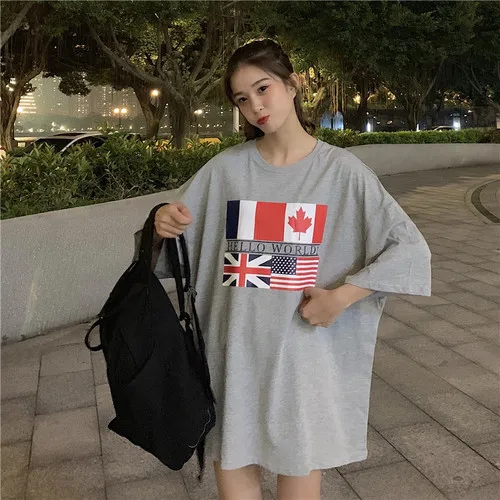 

Long Design Letter Country Flag Printed Big Oversize Loose All Match 2019 Cotton Summer Basic Vintage Female Women T-shirts