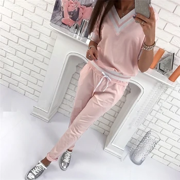 

Women Tracksuits 2 Piece Set Middle sleeves V Collar Shirt + Sport Pants Autumn Winter Jogging Running Suits Sportswear