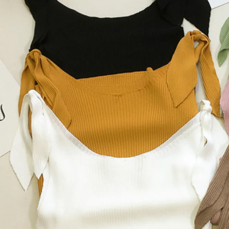 yellow tank top Корейские однотонные элегантные женские топы на бретельках с завязками и бантом, облегающие вязаные топы без рукавов с v-образным вырезом, Vogue Camis, 77828 - Цвет: yellow tank top