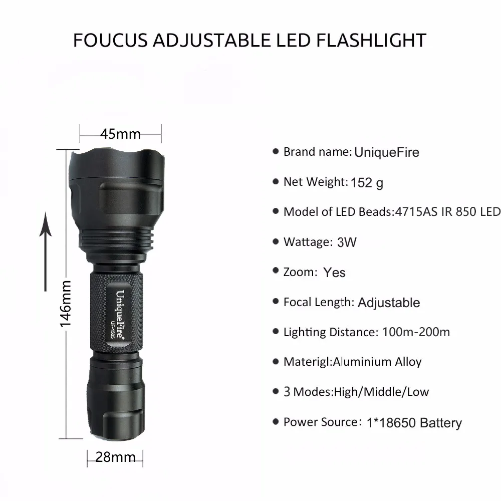 

UniqueFire 1505 4715AS IR 850NM Mini Led Flashlight Upgraded Version Rechargeable Lamp Torch,Scope Mount,Charger,Remote Pressure