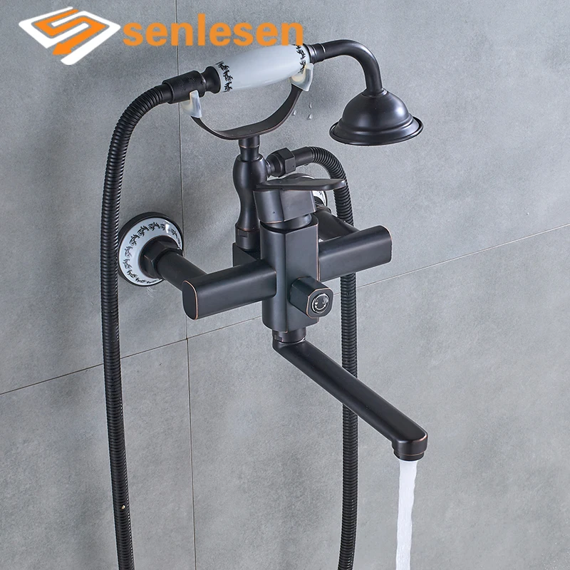 

Senlesen Tub Faucet Oil Rubbed Bronze Bathroom Shower Faucets Wall Mounted W/ Hand Shower Cold and Hot Mixer Tap