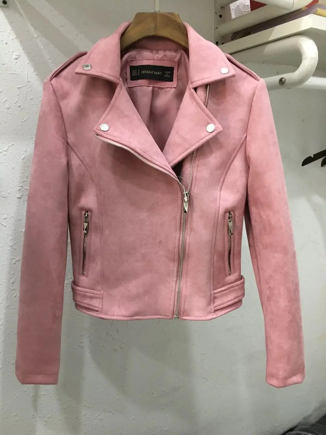 S-XL, тонкая короткая модная кожаная куртка, куртки из оленьей кожи, женское замшевое одноцветное пальто из искусственной кожи - Цвет: Розовый