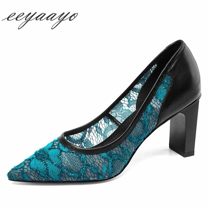 2019 New SpringAutumn Genuine Leather Women Pumps High Square Heel Pointed Toe Lace Sexy Ladies Women Shoes Blue High Heels