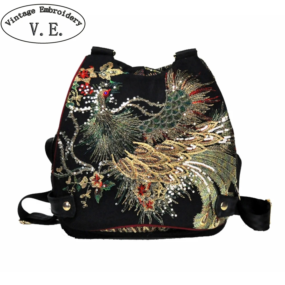 

2019 New Fashion Women Backpack Peacock Sequin Embroidered Thai Boho Travel School Shoulder Bag For Woman Rucksack Mochila